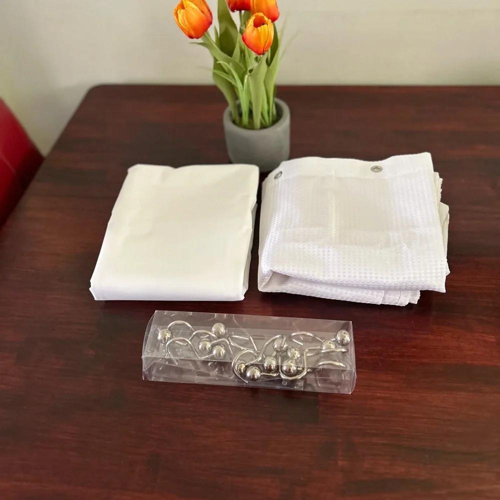 New White Shower Curtain Set with Hooks